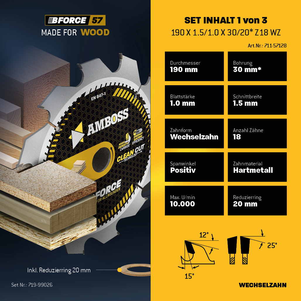 Ø190 Akku Hand- Kreissägeblatt Set passend für Metabo KS 18, Makita DHS783, Einhell TP-CS 18, DeWalt DCS57