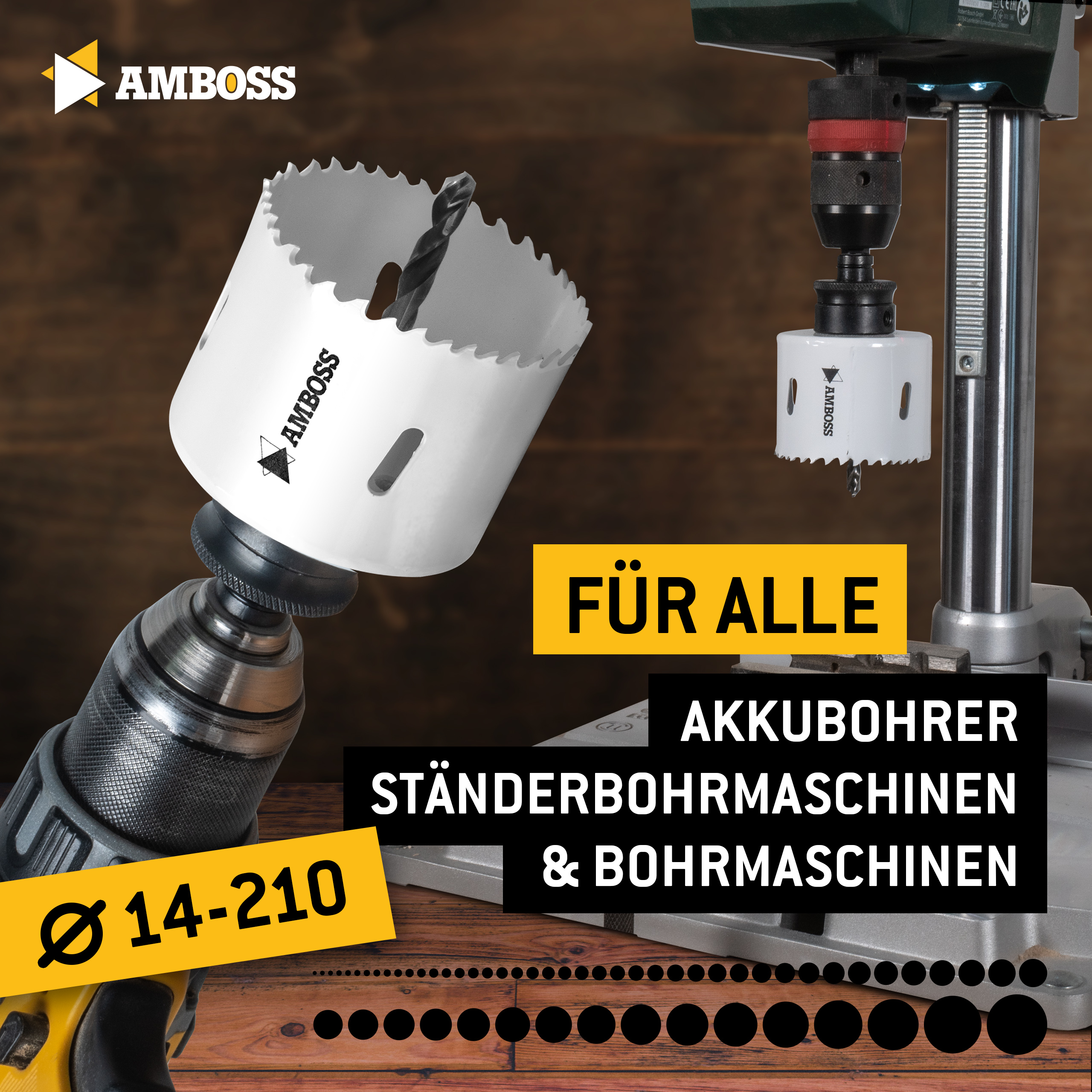 Amboss Lochsägen Sortiment Power Edition 8 - HSS M42 inkl. Rapid Change-System (8 teilig) Ø 22,29,35,44,51,68 mm