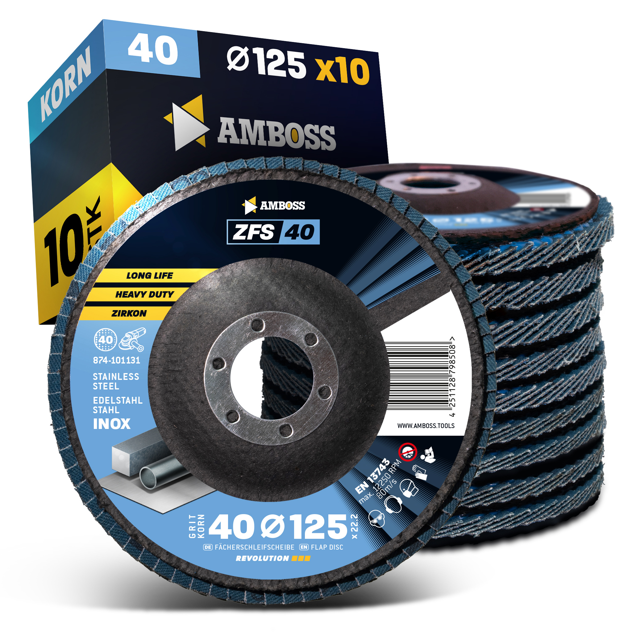 10x Amboss Fächerschleifscheibe Korn:40 Ø125mm