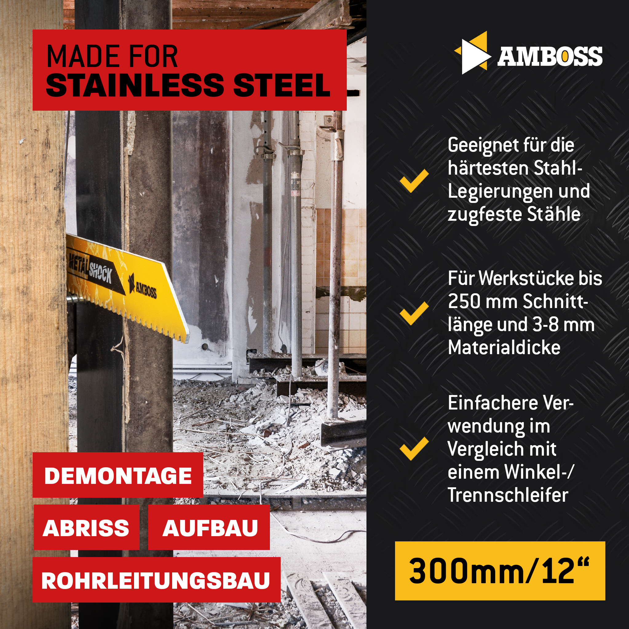 1x Amboss Metal Shock Säbelsägeblatt Länge 300 mm