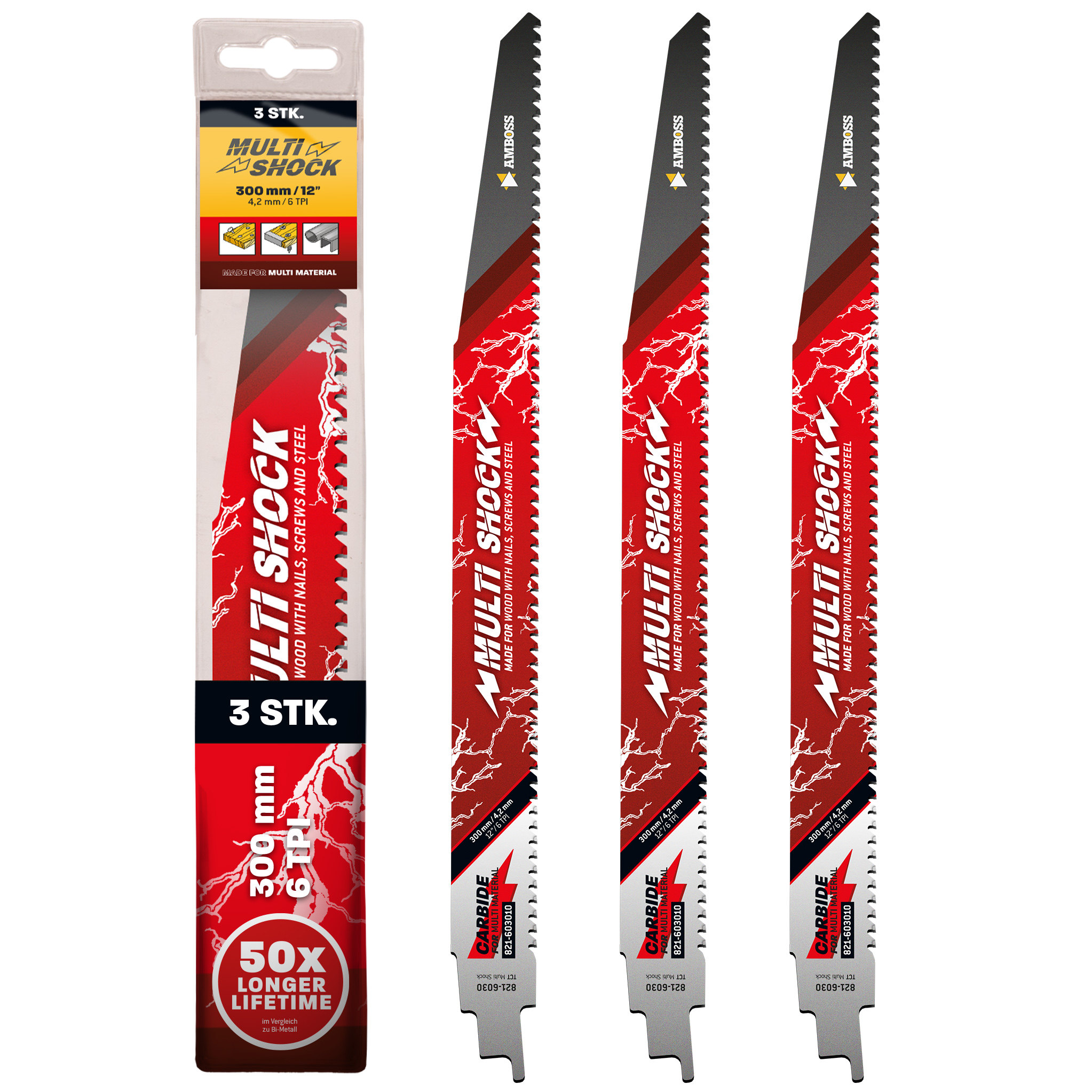 3x Amboss Multi Shock Säbelsägeblatt Länge 300 mm