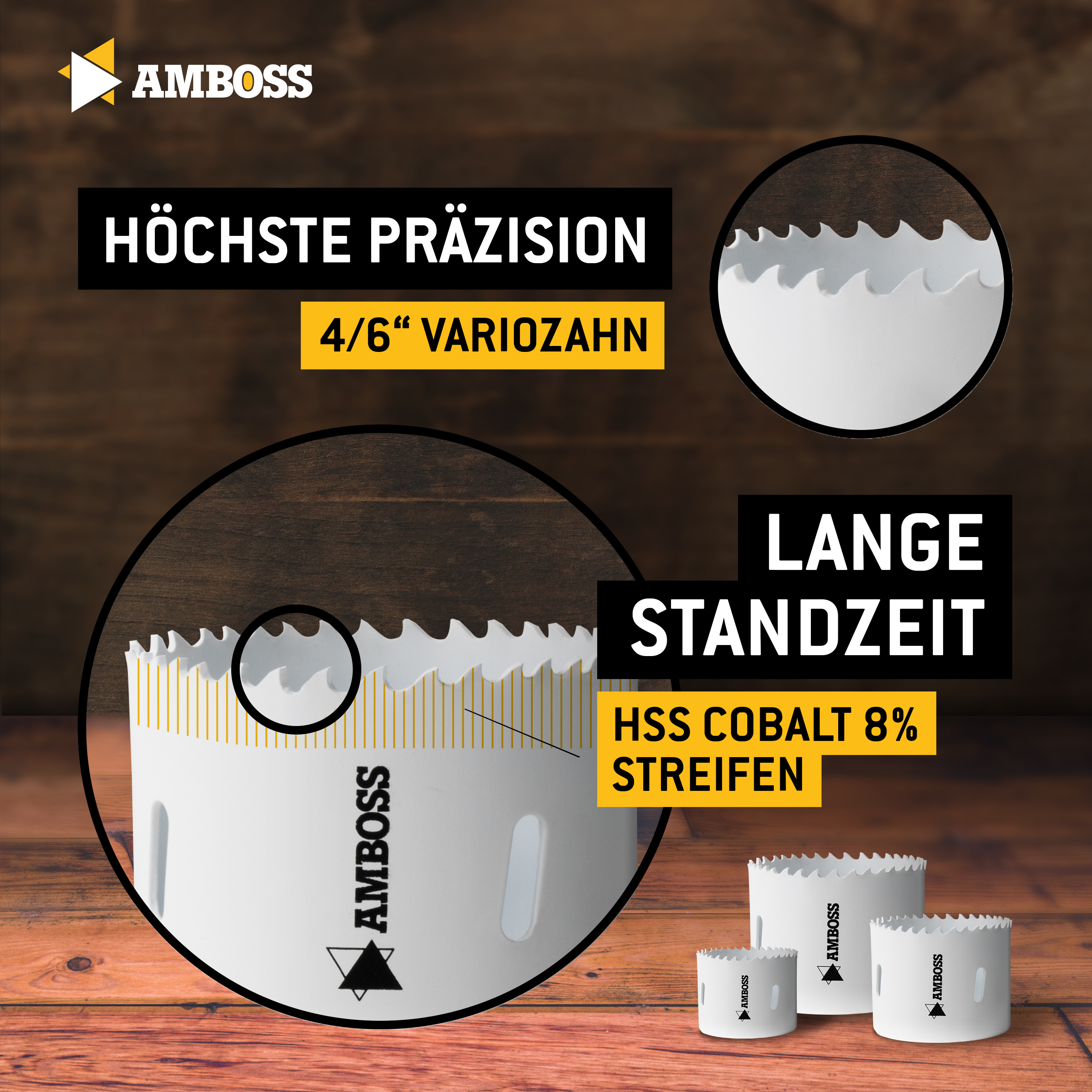 Amboss Lochsägen Sortiment Power Edition 8 - HSS M42 inkl. Rapid Change-System (8 teilig) Ø 22,29,35,44,51,68 mm