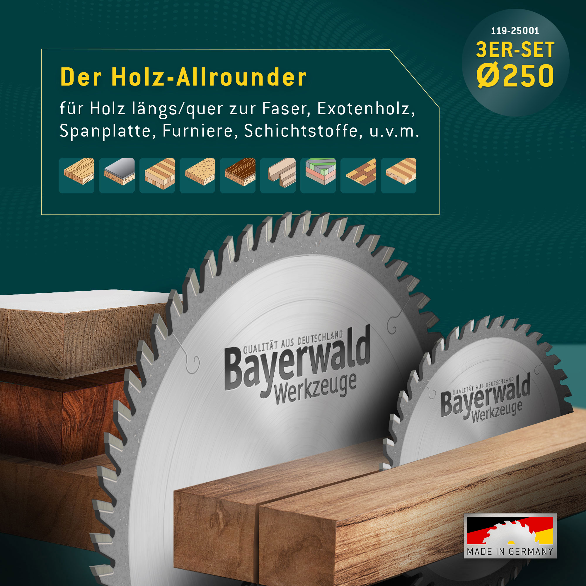 HOLZ ALLROUND Ø250 Tisch-Kreissägeblatt Set