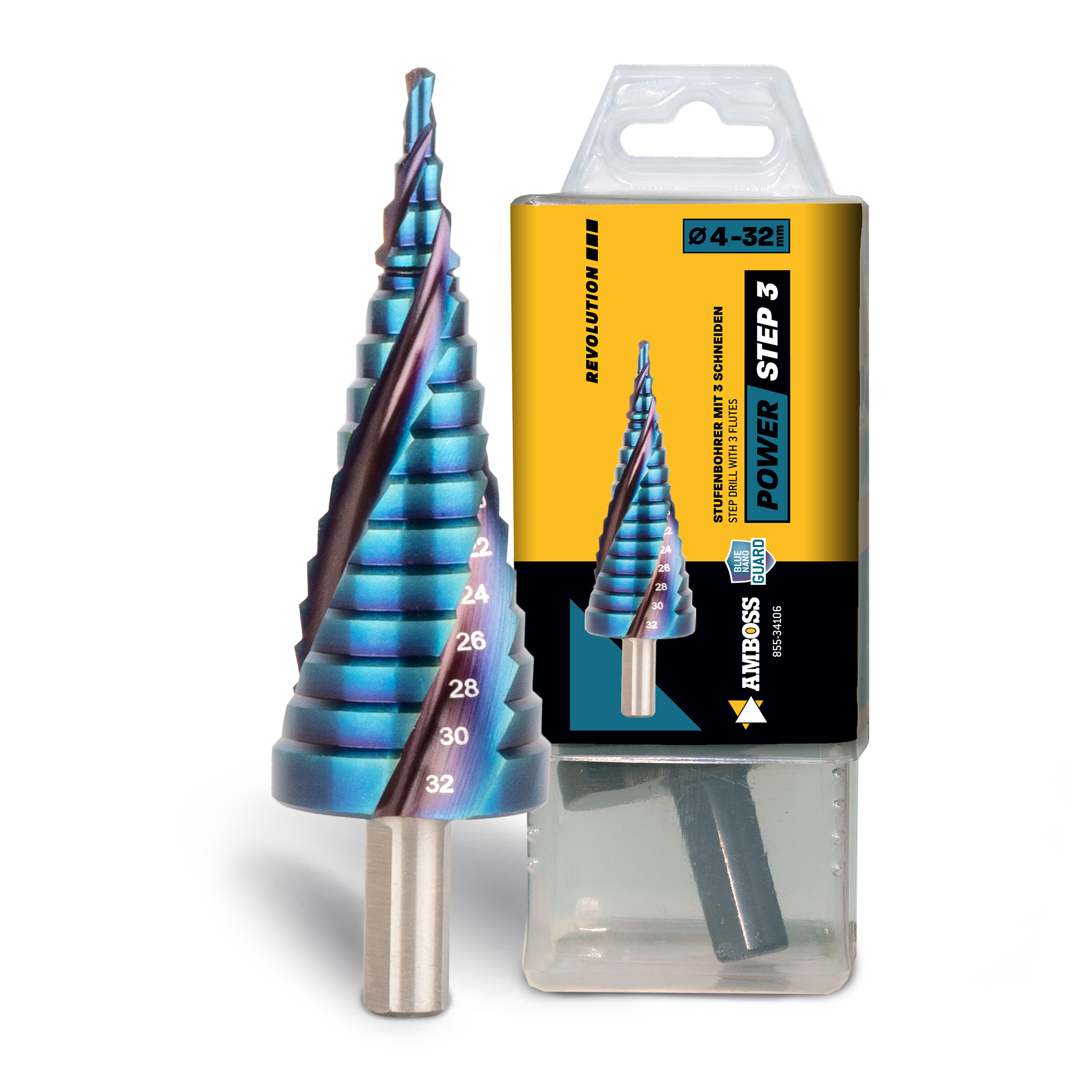AMBOSS Stufenbohrer HSS-E Co 5% D:4-6-8-10-12-14-16-18-20-22-24-26-28-30-32mm TiAlSiN nano blue coating