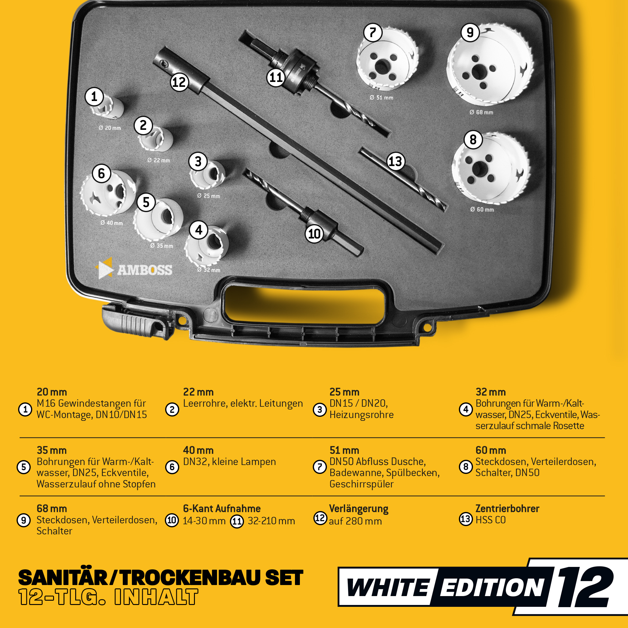 Amboss M42 BiMetall Lochsägen Set White Edition 12 - 12tlg. Ø20 bis 68 mm